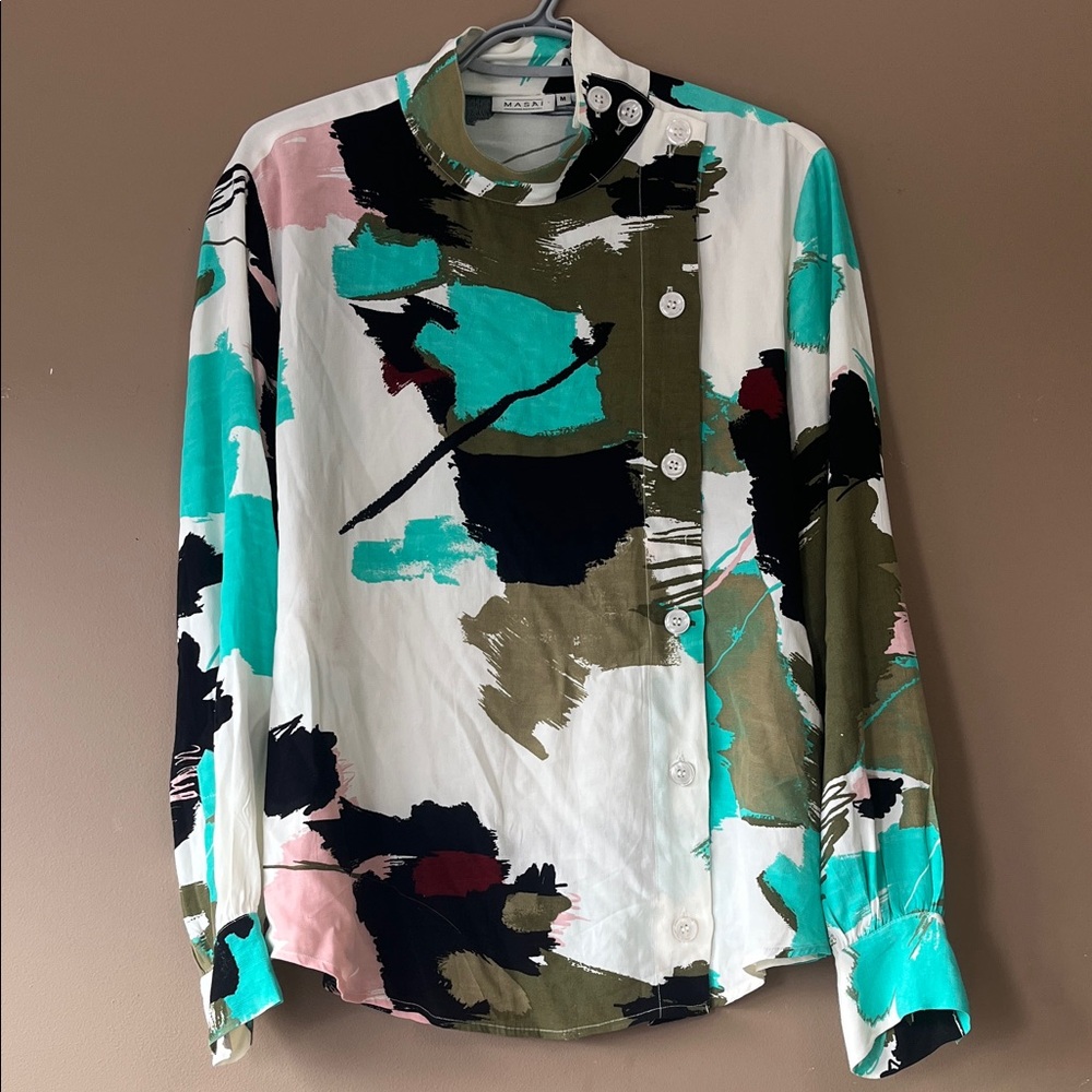 Abstract Print Button-Up Shirt Long Sleeve Blouse Size Medium Formal Green White
